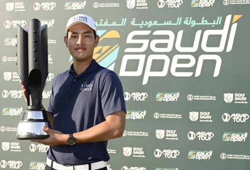 RIYADH, SAUDI ARABIA: Denwit Boriboonsub of Thailand pictured with the winners trophy on Sunday December 17, 2023 after the Saudi Open presented by the Public Investment Fund at Riyadh Golf Club. The US$ 1 million season ending Asian Tour event is staged from December 14-16, 2023. Picture by Paul Lakatos/Asian Tour.