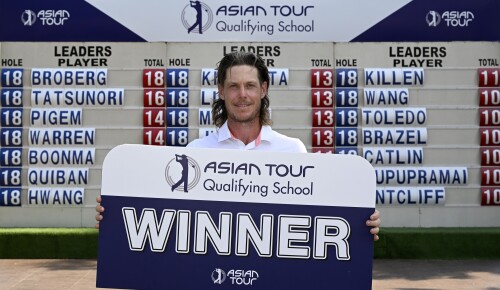 HUA HIN, THAILAND: Kristoffer Broberg of Sweden pictured with the Asian Tour winner plaque after Round Five, Saturday January 20, 2024 at the final stage of the 2024 Asian Tour qualifying school at Springfield Royal Country Club, (Course A&B), Hua Hin, Thailand. Picture by Paul Lakatos/Asian Tour.