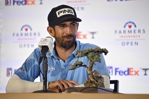 LA JOLLA, CALIFORNIA - JANUARY 27: Matthieu Pavon of France speaks to the media after winning the Farmers Insurance Open at Torrey Pines South Course on January 27, 2024 in La Jolla, California. (Photo by Orlando Ramirez/Getty Images)