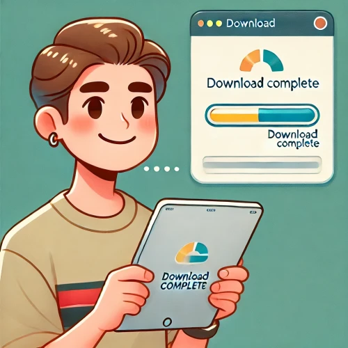 DALLE-2024-10-16-06.06.13---A-cartoon-style-image-of-a-man-holding-an-iPad-while-it-downloads-data.-The-iPad-screen-shows-a-progress-bar-nearly-complete-and-a-pop-up-message-say.webp