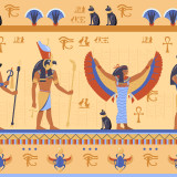 Egyptian-deities-on-ancient-bas-relief-with-hieroglyphs