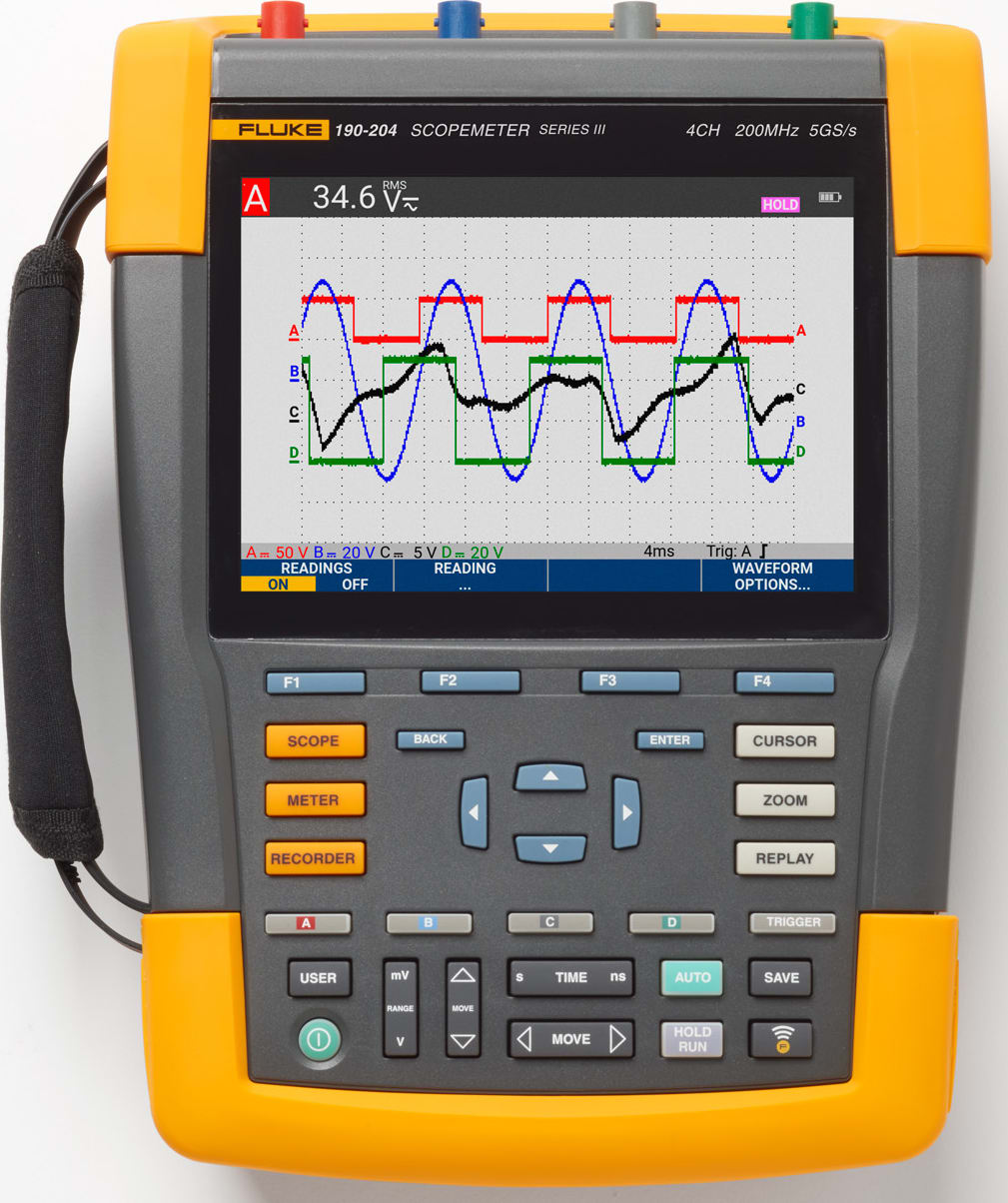 Fluke 190-204-III CAL Color ScopeMeter with traceable certificate of calibration, 200 MHz, 4 channels