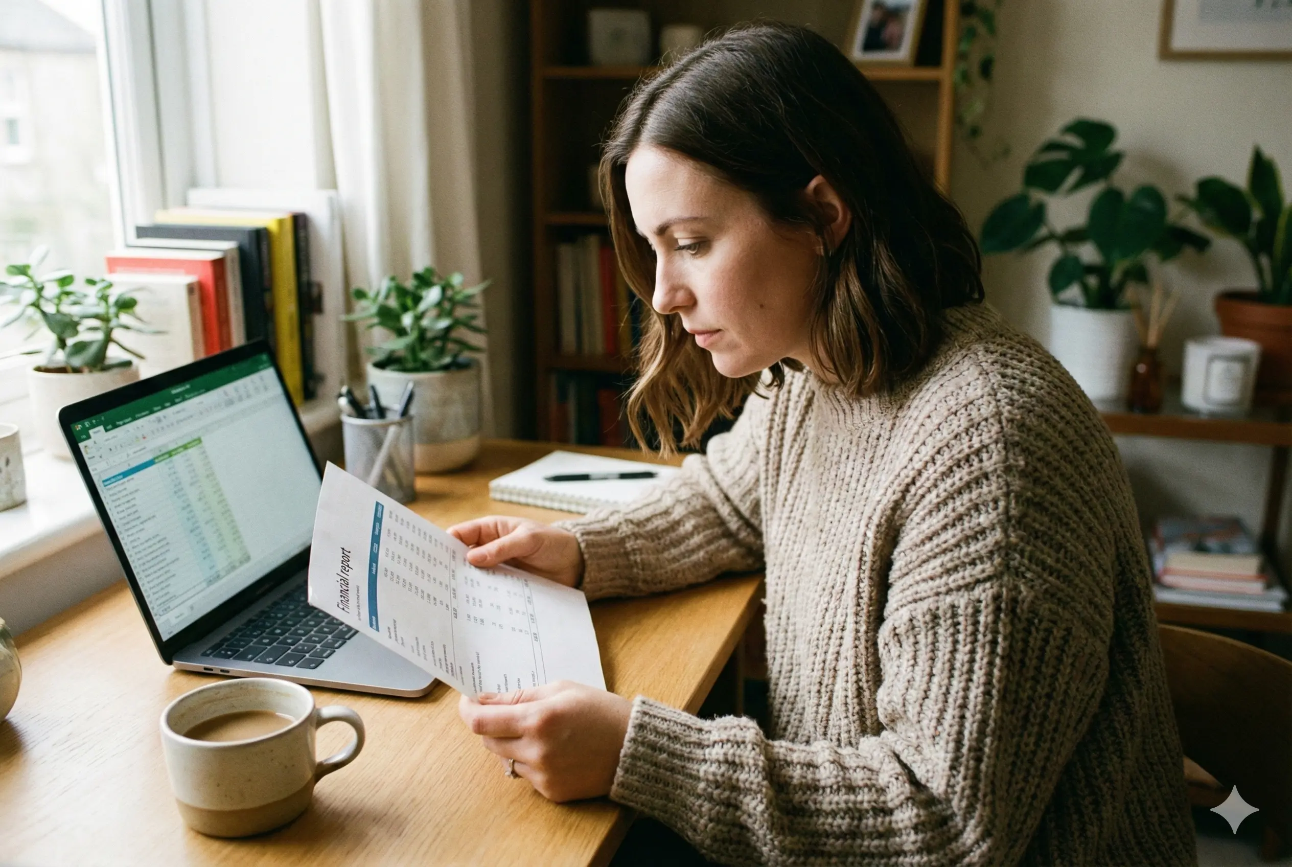 lady considering the financial statement