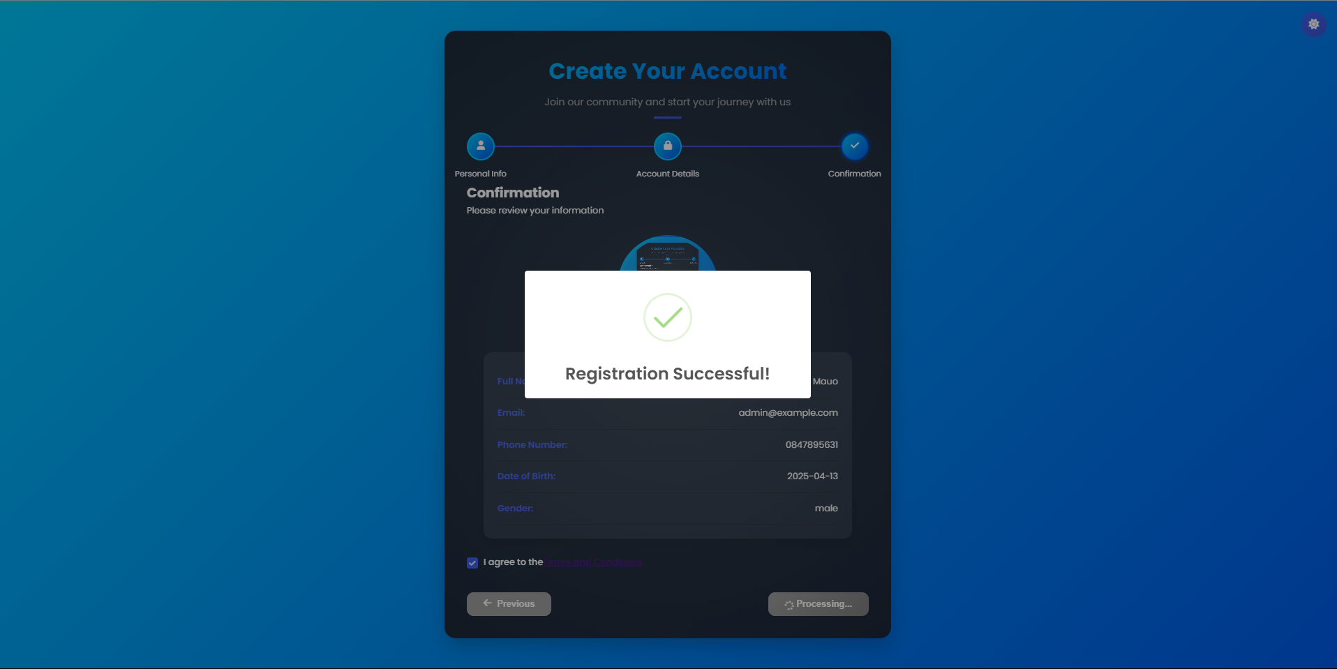 Salapao Form Wizard, Signup, Dark Mode