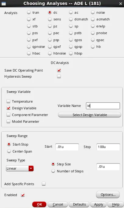 Setup การ Simulate ด้วย DC ของวงจร NMOS เพื่อทำการ Characterization