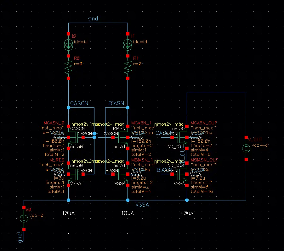 วงจร NMOS cascode current mirror ที่ต่อเข้ากับ current source และ voltage source เพื่อทำ DC simulation